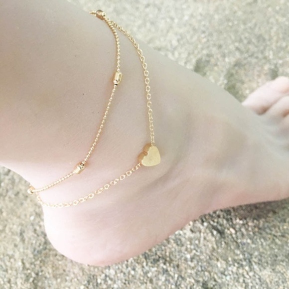 Jewelry - Ball Chain Gold Heart Dainty Layered Anklet